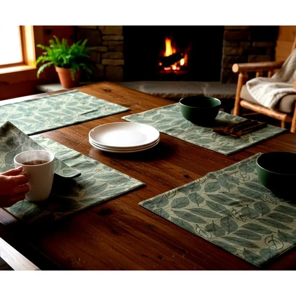 4 Cottage Farmhouse Green Leaf Placemats Botanical Cotton Designer Thibaut Aman